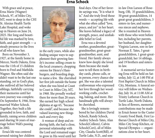 Erna Shock, Obituaries, Glendive, MT