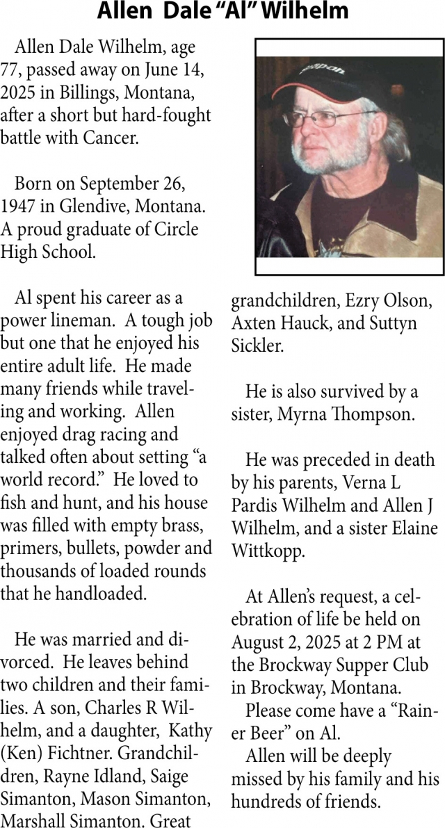 Allen Dale Wilhelm, Obituaries, Glendive, MT