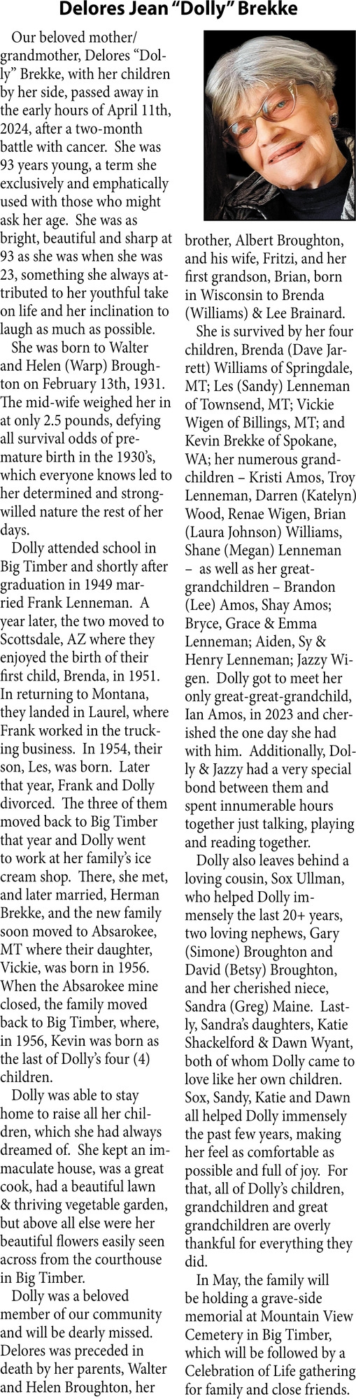 Delores Jean "Dolly" Brekke, Obituaries, Glendive, MT