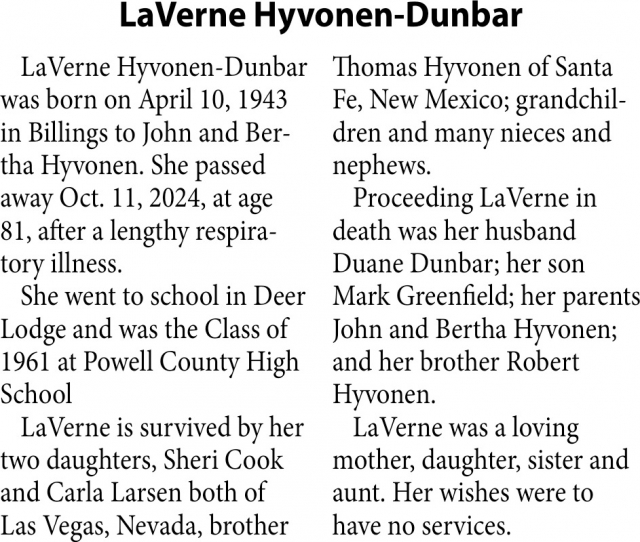 LaVerne Hyvonen-Dunbar, Obituaries, Glendive, MT