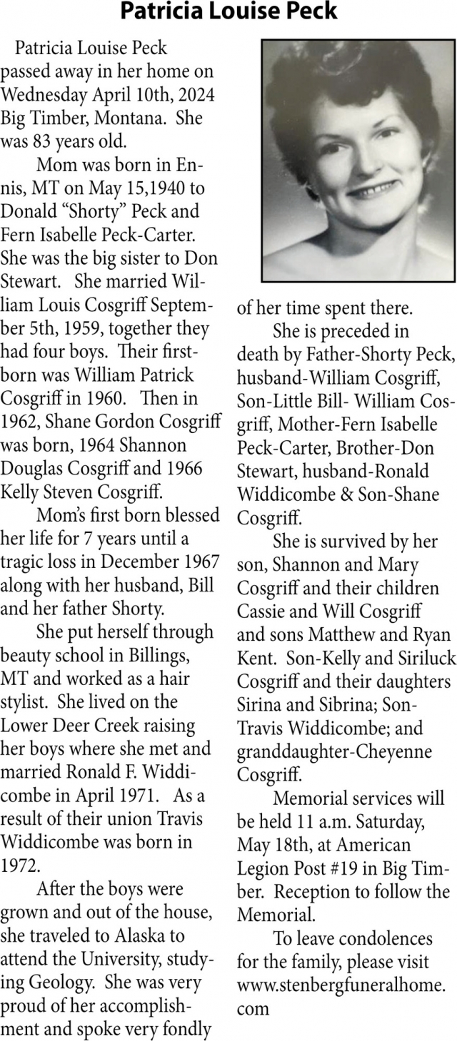 Patricia Louise Peck, Obituaries, Glendive, MT
