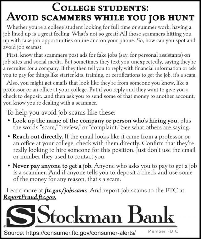 College Students: Avoid Scammers While You Job Hunt, Patty Bretzel - Stockman Bank, Glendive, MT