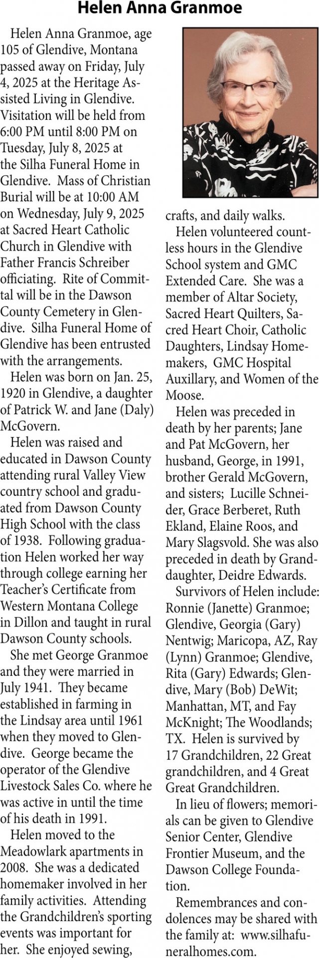 Helen Anna Granmoe, Obituaries, Glendive, MT