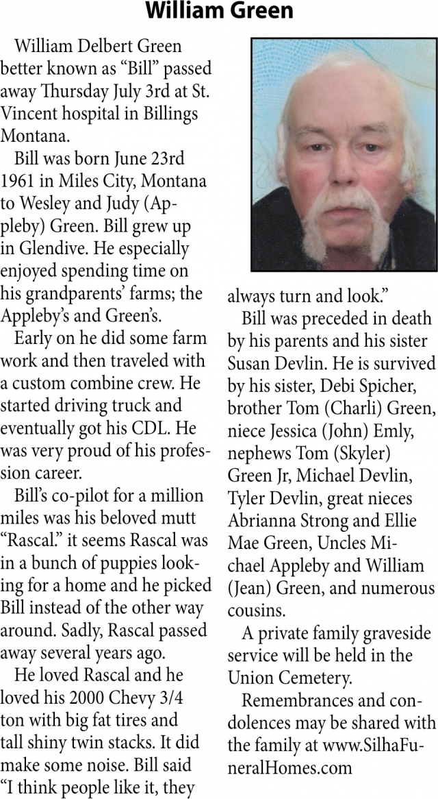 William Green, Obituaries, Glendive, MT
