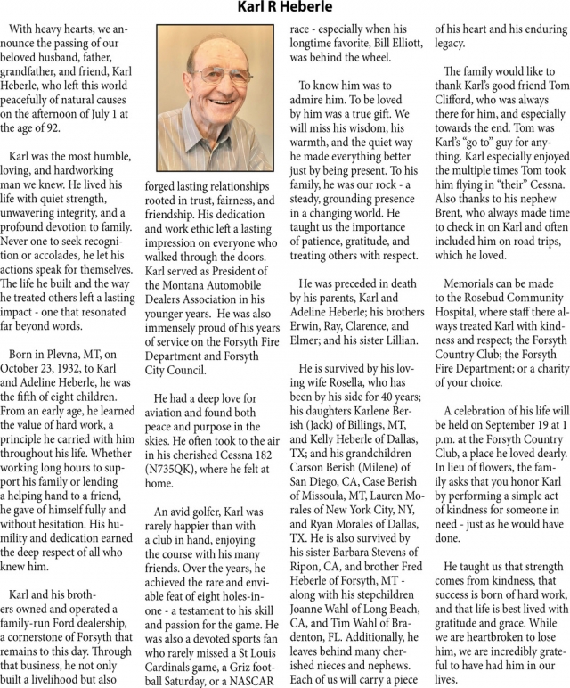 Karl R Heberle, Obituaries, Glendive, MT