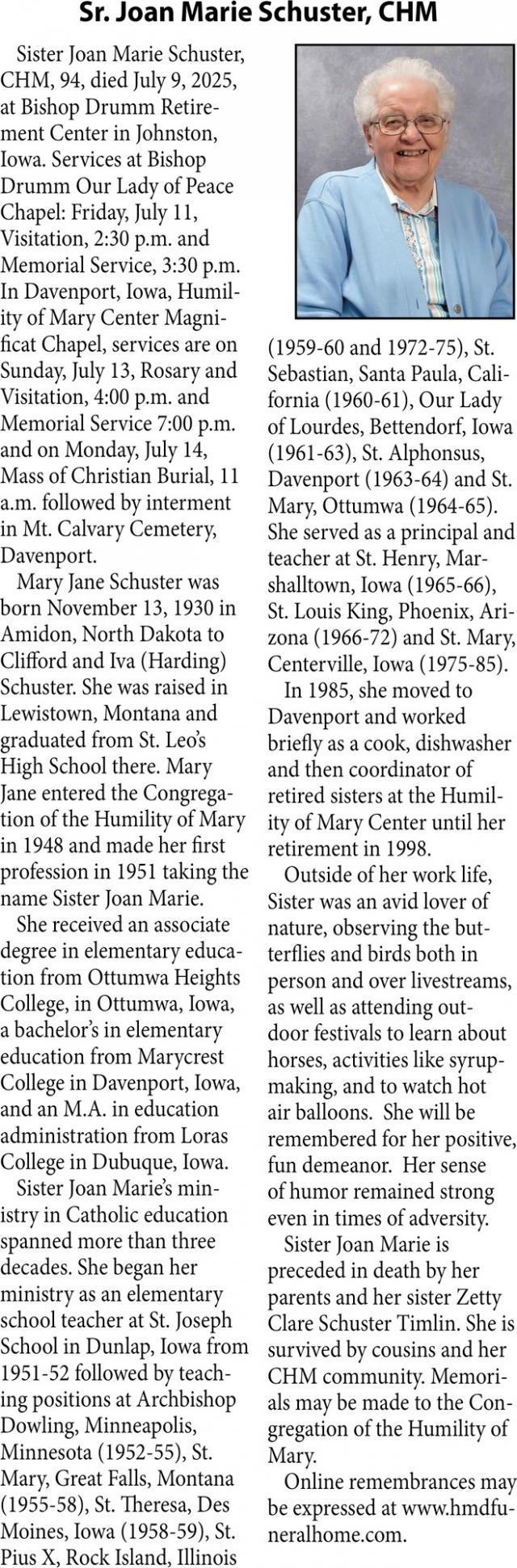 Sr. Joan Marie Schuster, CHM, Obituaries, Glendive, MT
