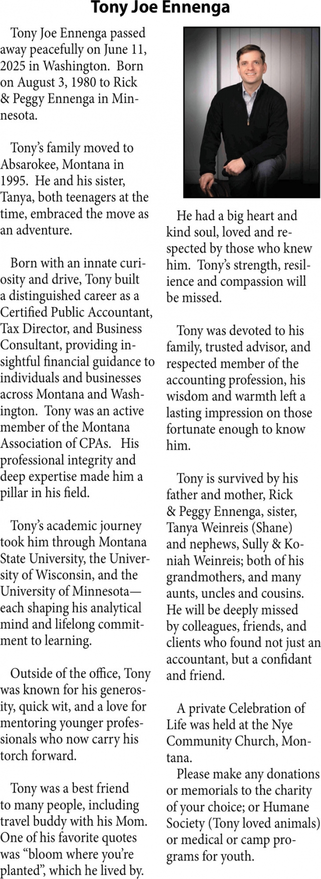 Tony Joe Ennenga, Obituaries, Glendive, MT