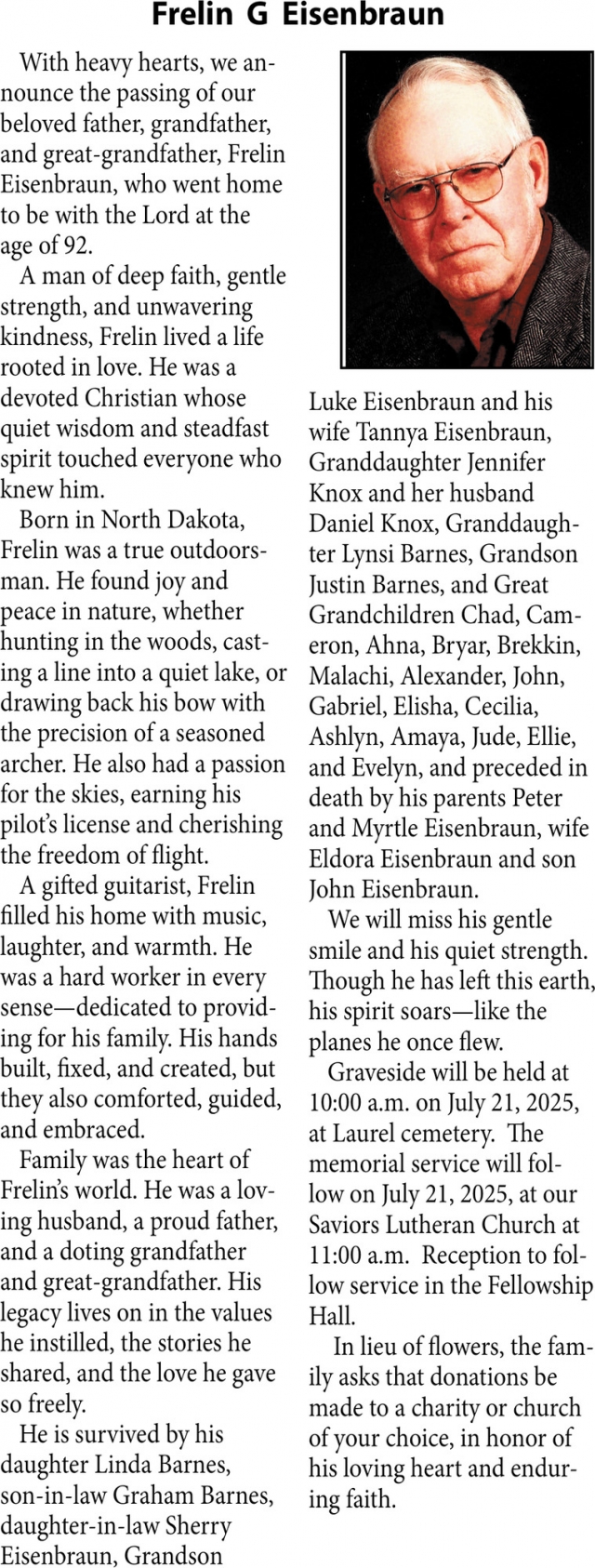 Frelin G Eisenbraun, Obituaries, Glendive, MT