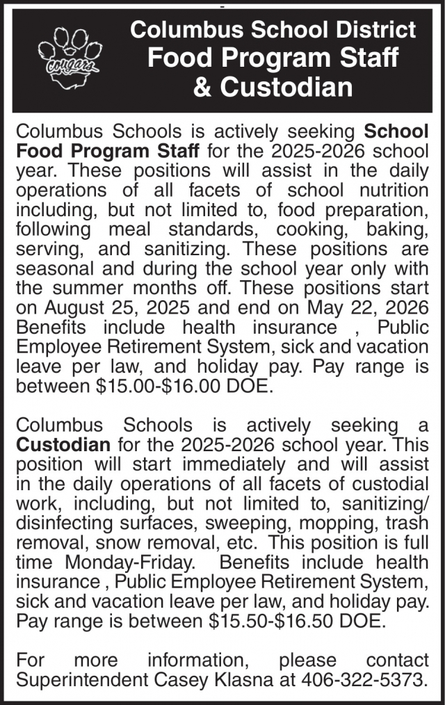 Food Program Staff, Columbus School District - Casey Klasna