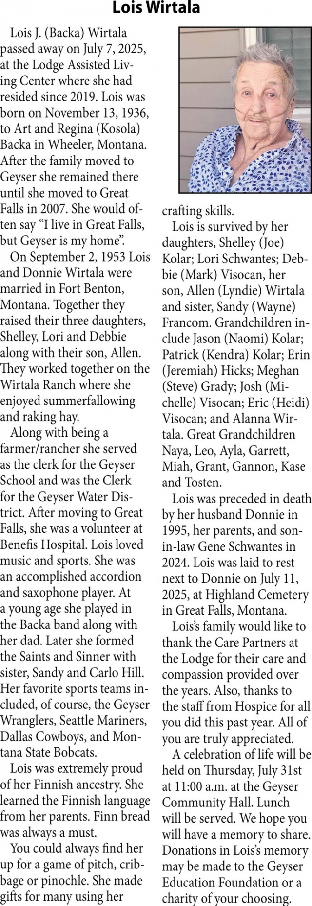 Lois Wirtala, Obituaries, Glendive, MT