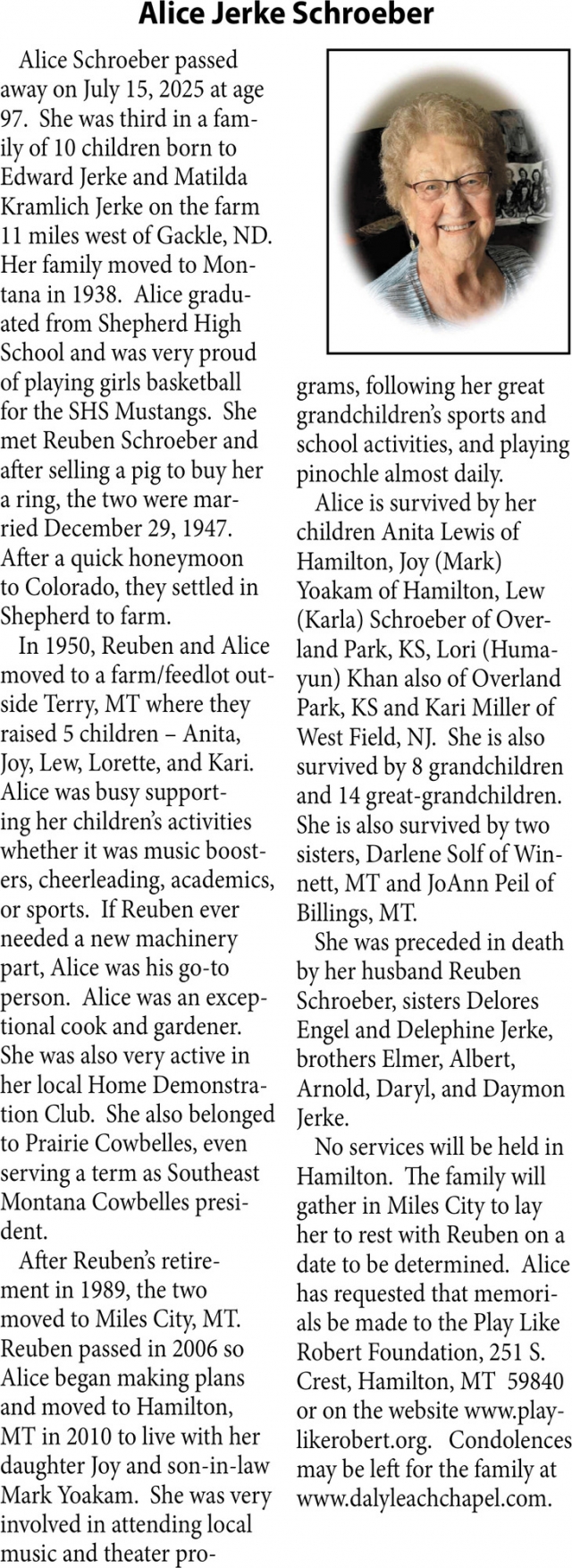 Alice Jerke Schroeber, Obituaries, Glendive, MT
