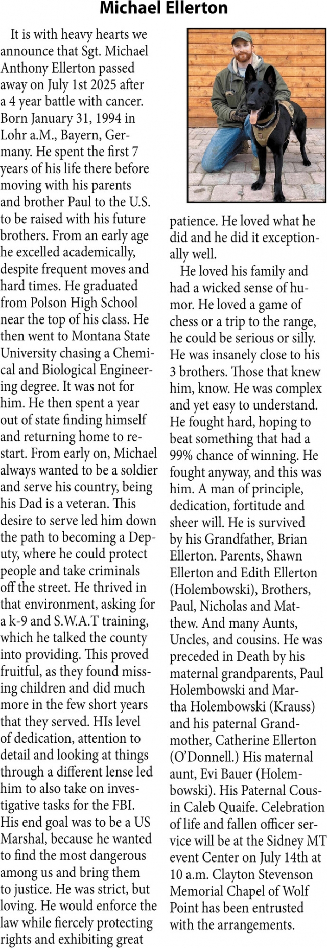 Michael Ellerton, Obituaries, Glendive, MT