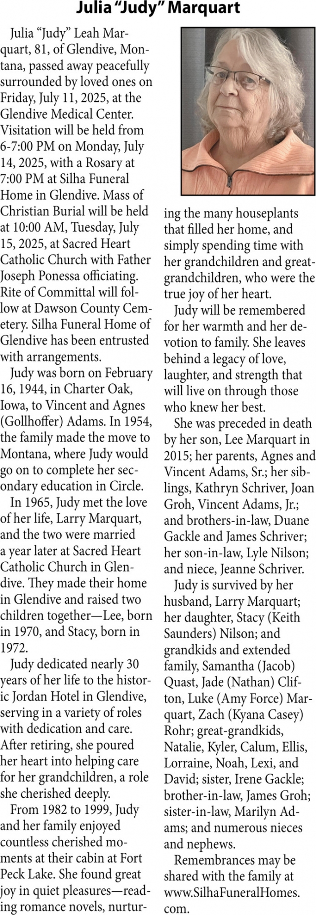 Julia Marquart, Obituaries, Glendive, MT