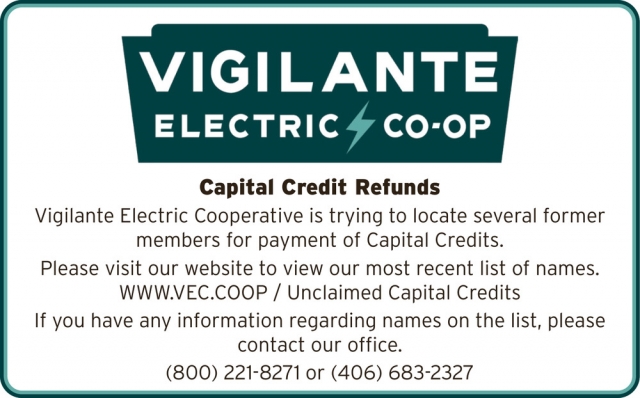Capital Credits Refunds, Vigilante Electric Cooperative, Dillon, MT