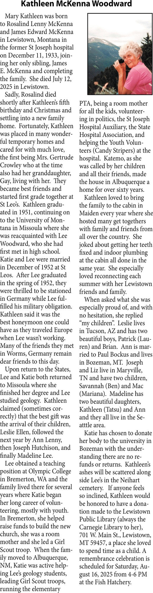 Kathleen McKenna Woodward, Obituaries, Glendive, MT