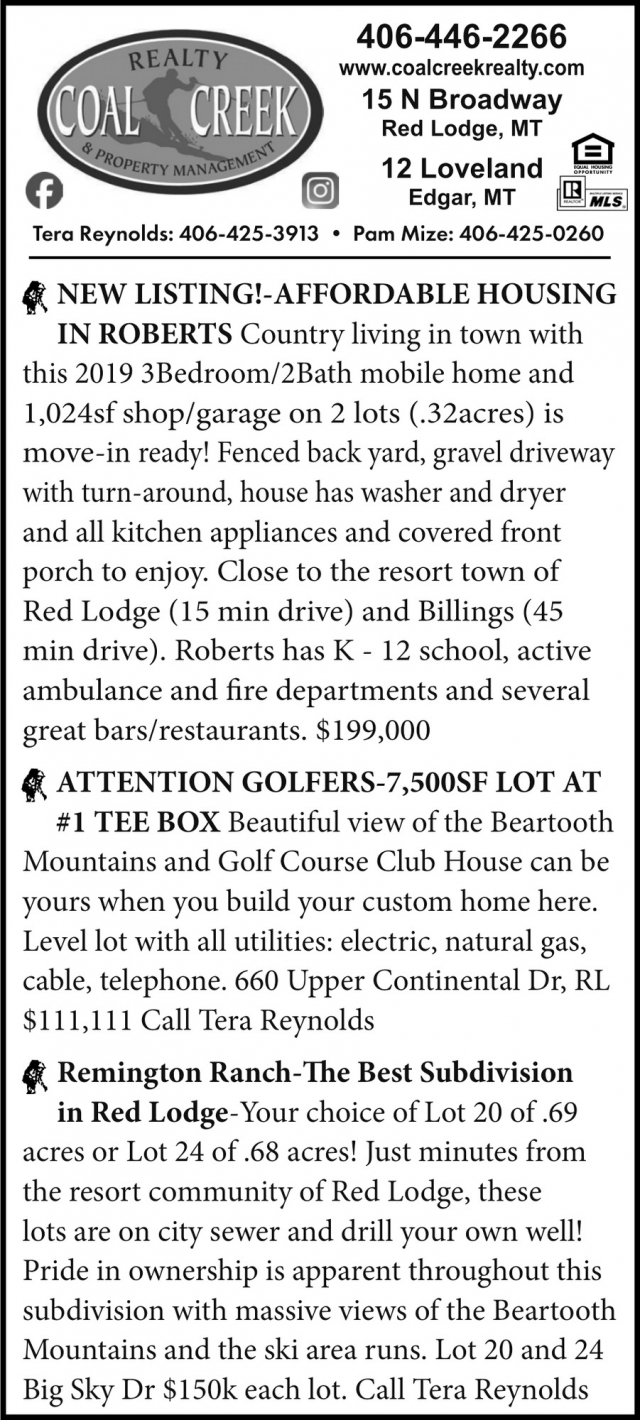 New Listing! Affordable Housing in Roberts, Coal Creek Realty & Property Management, Edgar, MT