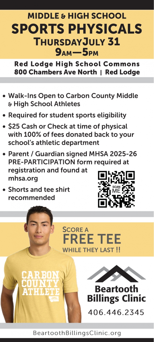 Middle & High School Sports Physicals, Beartooth Billings Clinic, Red Lodge, MT