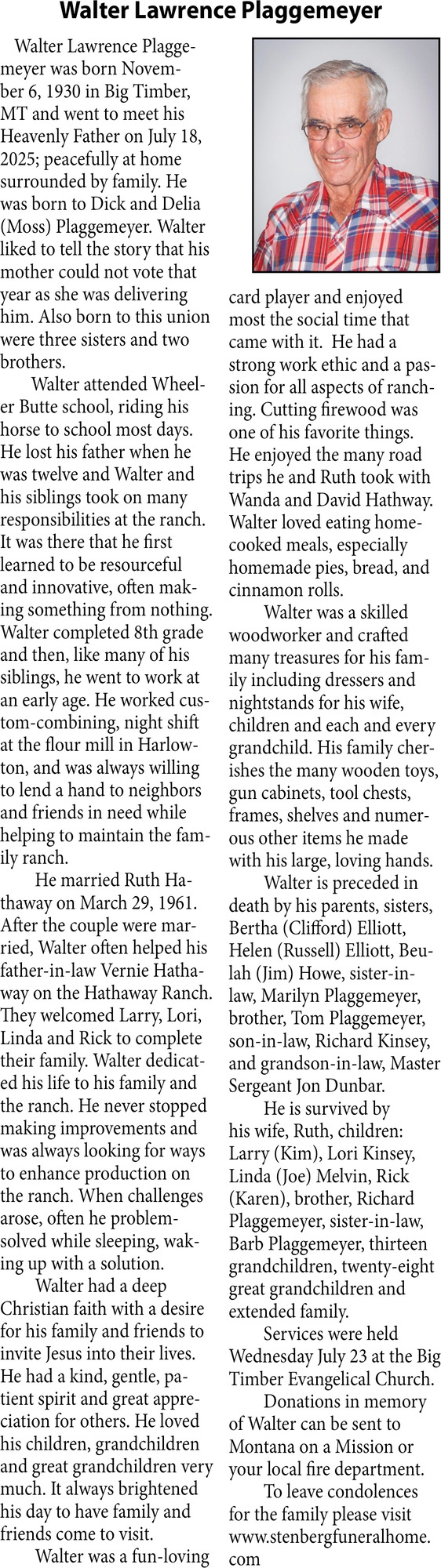 Walter Lawrence Plaggemeyer, Obituaries, Glendive, MT