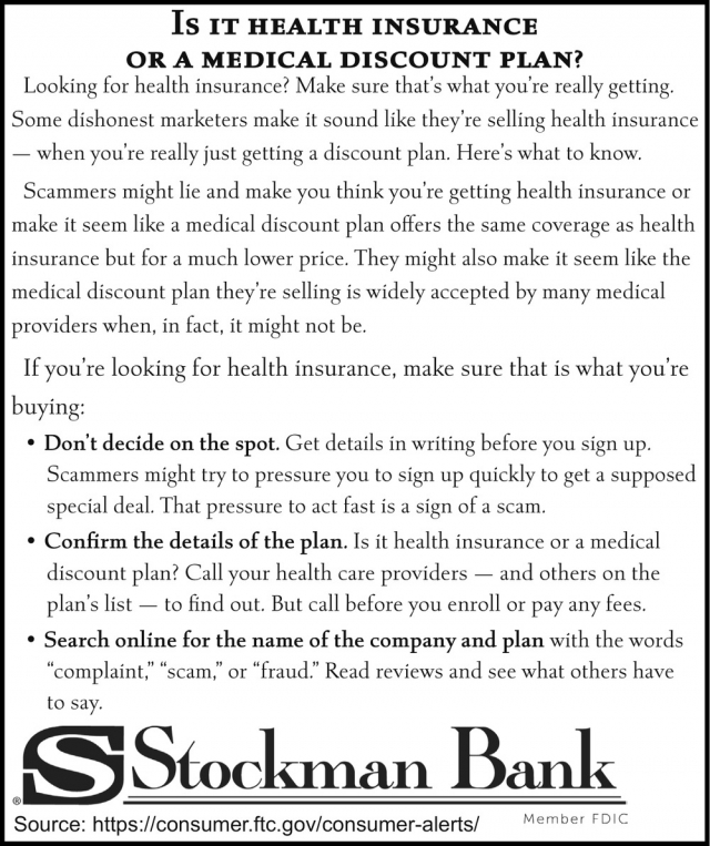 Is the Health Insurance or A Medical Discount Plan?, Stockman Bank