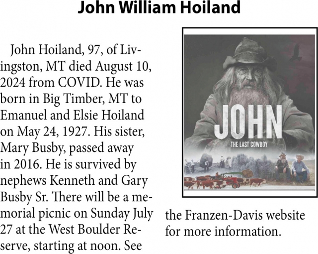 John William Hoiland, Obituaries, Glendive, MT