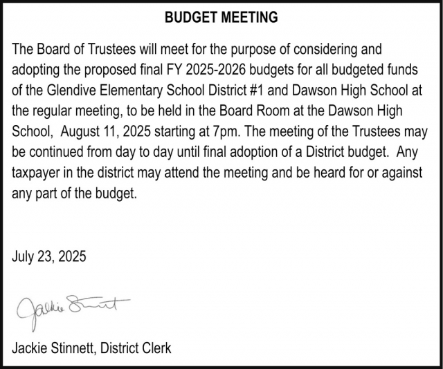 Budget Meeting, Glendive Elementary School District #1, Glendive, MT