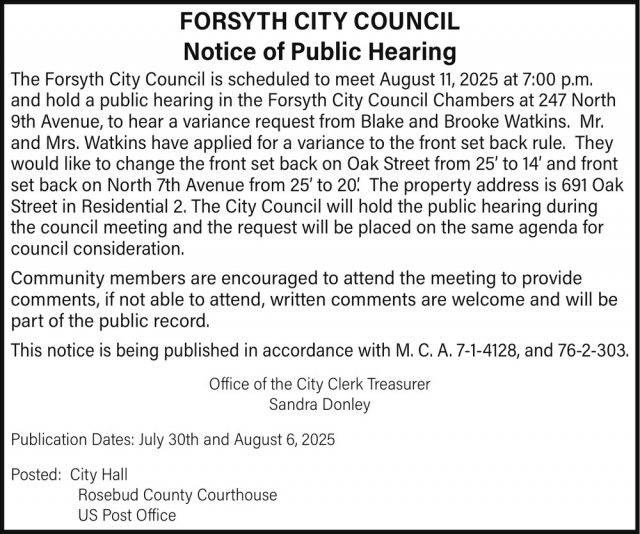 Notice of Public Hearing, City of Forsyth, Forsyth, MT