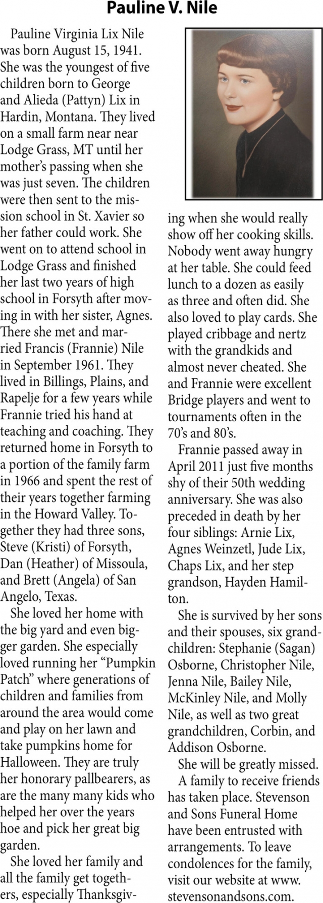 Pauline V. Nile, Obituaries, Glendive, MT