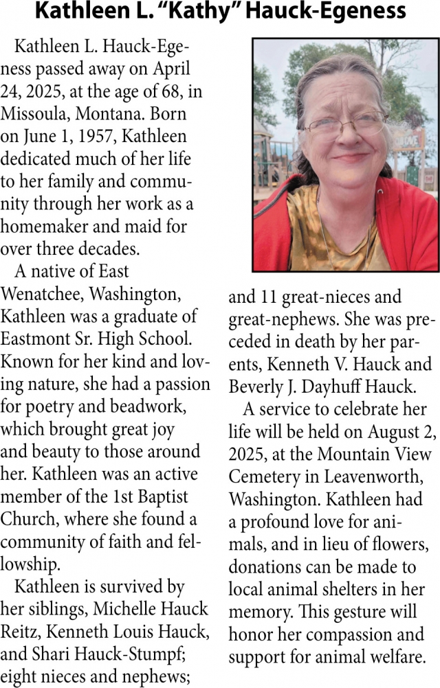 Kathleen L. Hauck-Egeness, Obituaries, Glendive, MT
