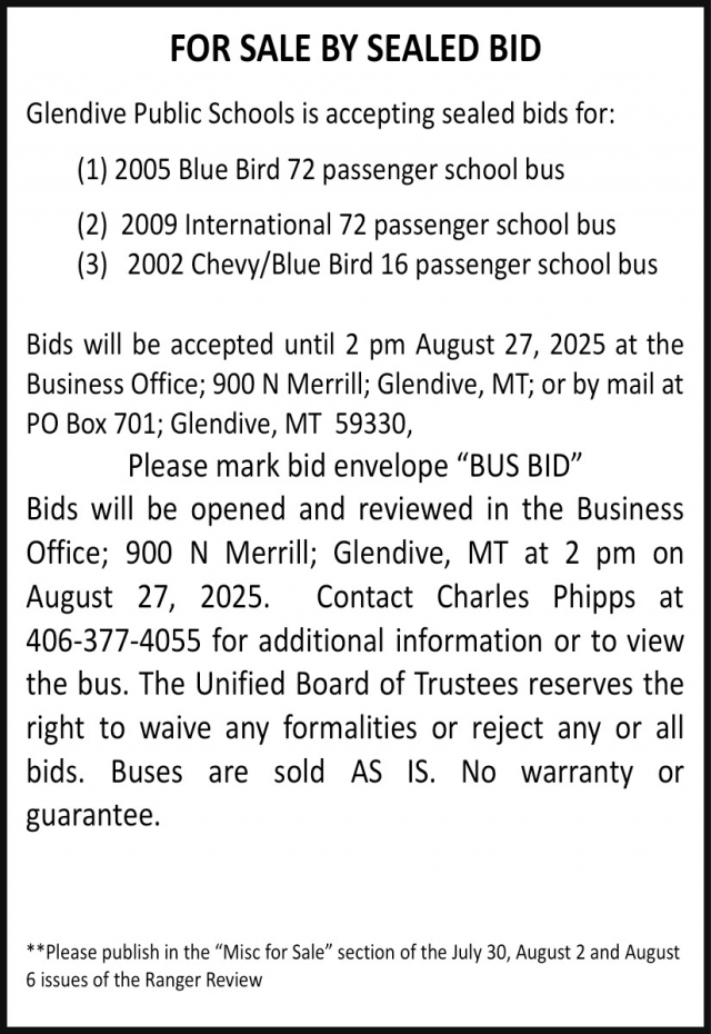 For Sale by Sealed Bid, Glendive Public Schools, Glendive, MT