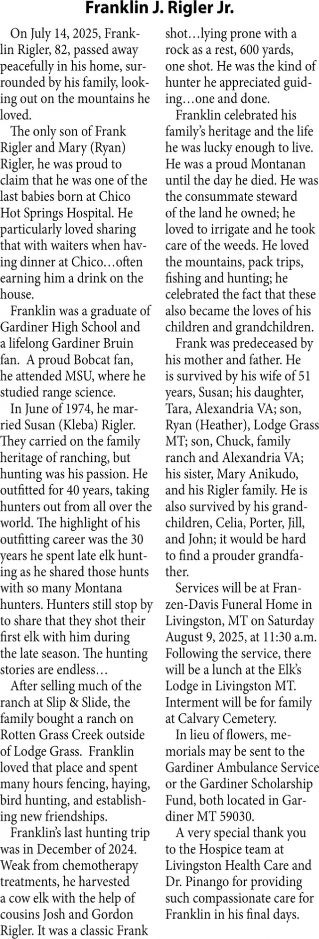 Franklin J. Rigler Jr., Obituaries, Glendive, MT