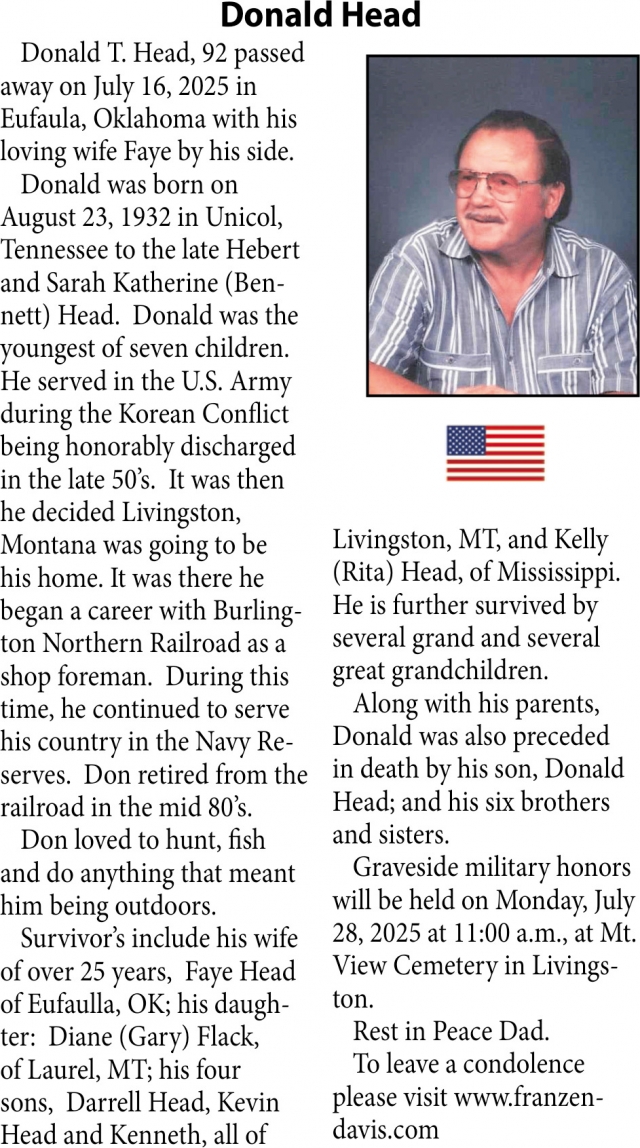 Donald Head, Obituaries, Glendive, MT