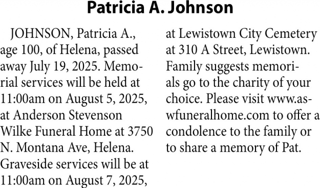 Patricia A. Johnson, Obituaries, Glendive, MT