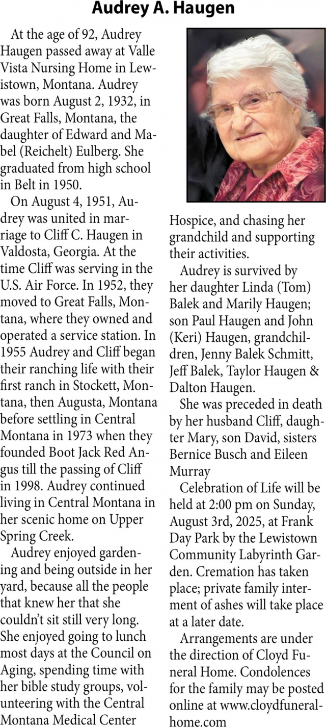 Audrey A. Haugen, Obituaries, Glendive, MT