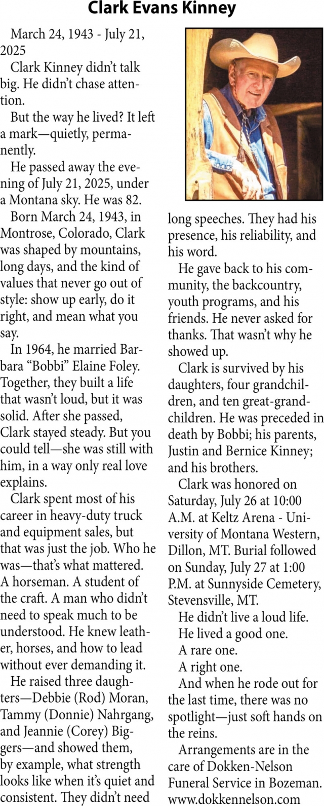 Clark Evans Kinney, Obituaries, Glendive, MT