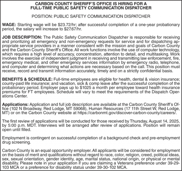Public Safety Communication Dispatcher, Carbon County Sheriff's Office, Red Lodge, MT