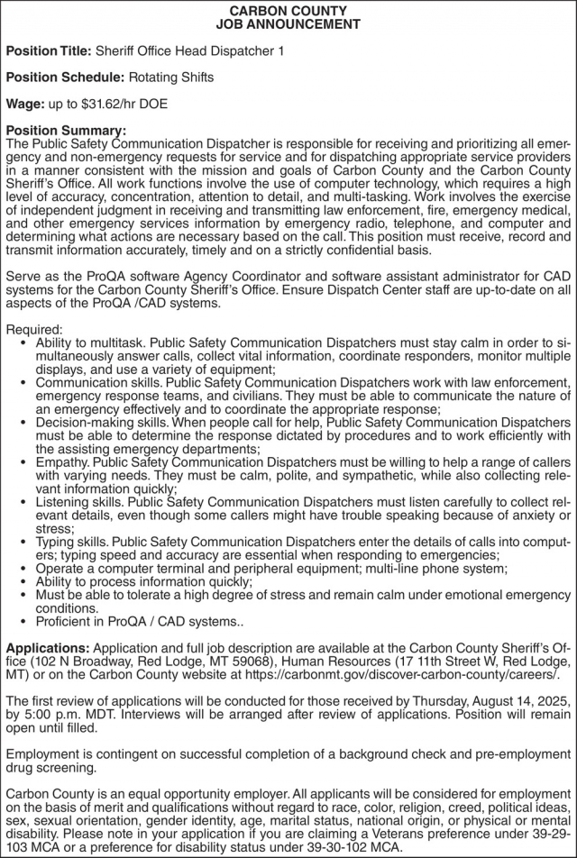 Sheriff Office Head Dispatcher 1, Carbon County Sheriff's Office, Red Lodge, MT