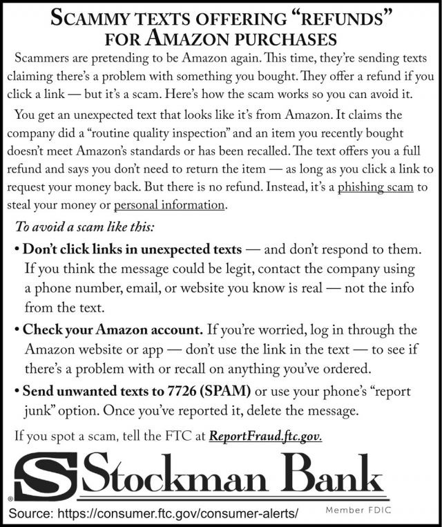 Scammy Texts Offering "Refunds" for Amazon Purchases, Stockman Bank