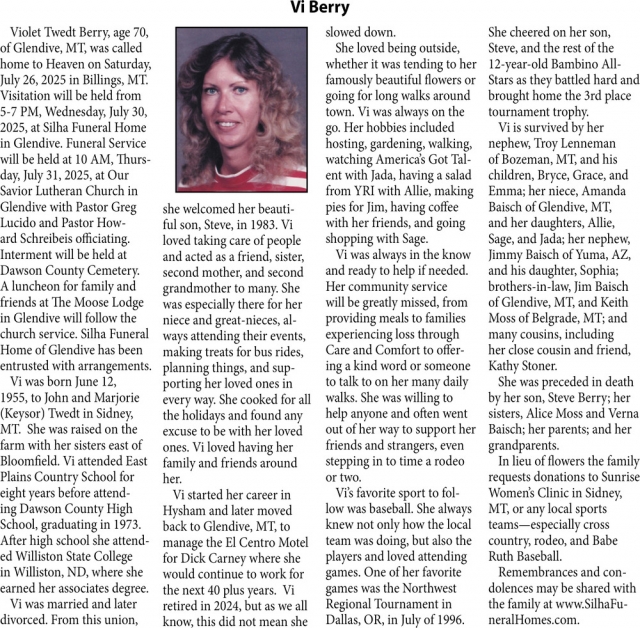 Vi Berry, Obituaries, Glendive, MT