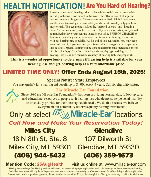 Hearing Loss,  Miracle-Ear / Miles City - Glendive, Glendive, MT