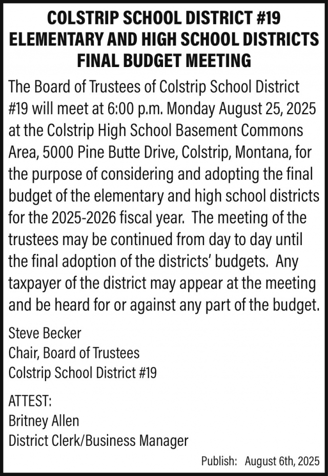 Final Budget Meeting, Colstrip School District No.19 - Britney Allen