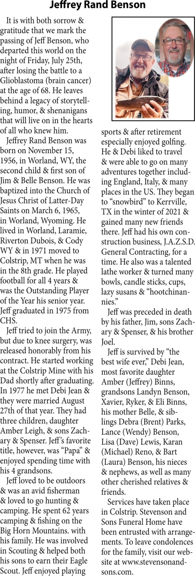 Jeffrey Rand Benson, Obituaries, Glendive, MT