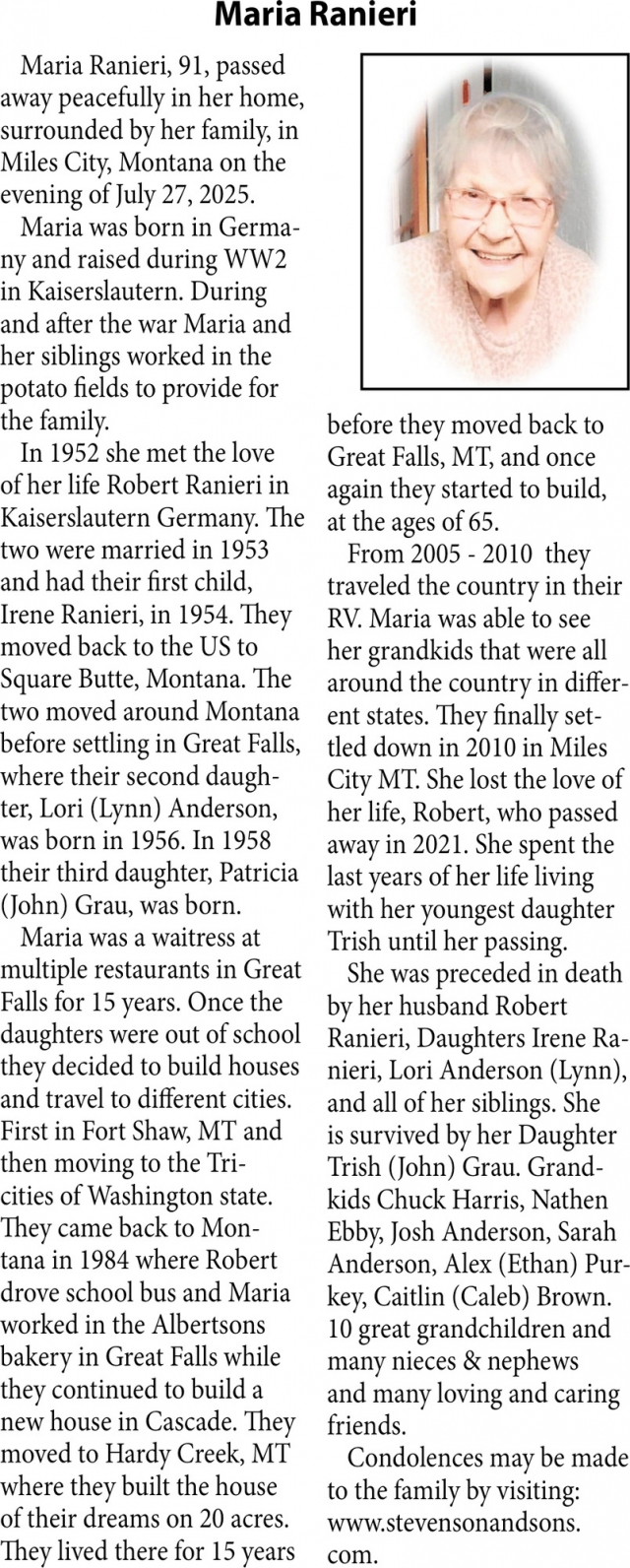 Maria Ranieri, Obituaries, Glendive, MT