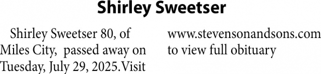 Shirley Sweetser, Obituaries, Glendive, MT
