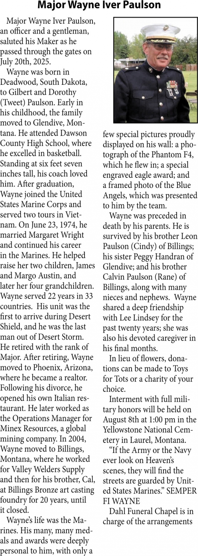 Major Wayne Iver Paulson, Obituaries, Glendive, MT