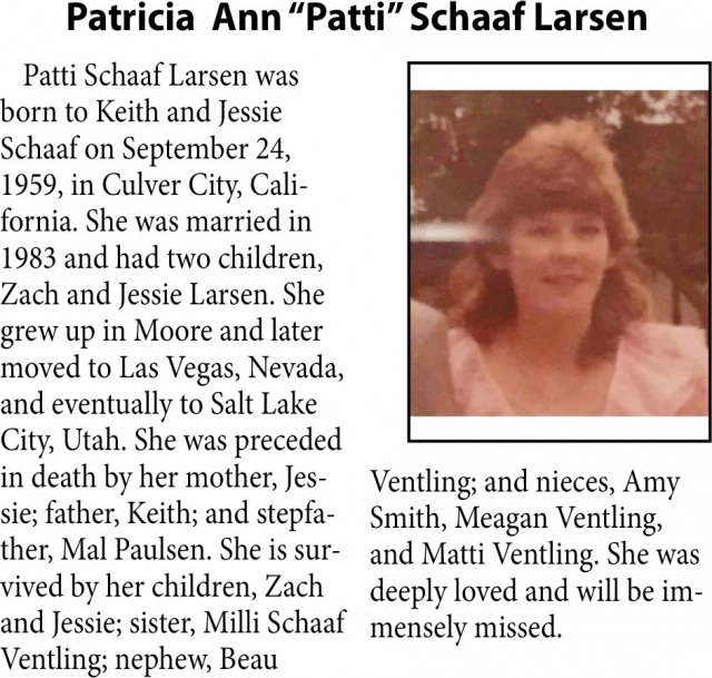 Patricia Ann Schaaf Larsen, Obituaries, Glendive, MT