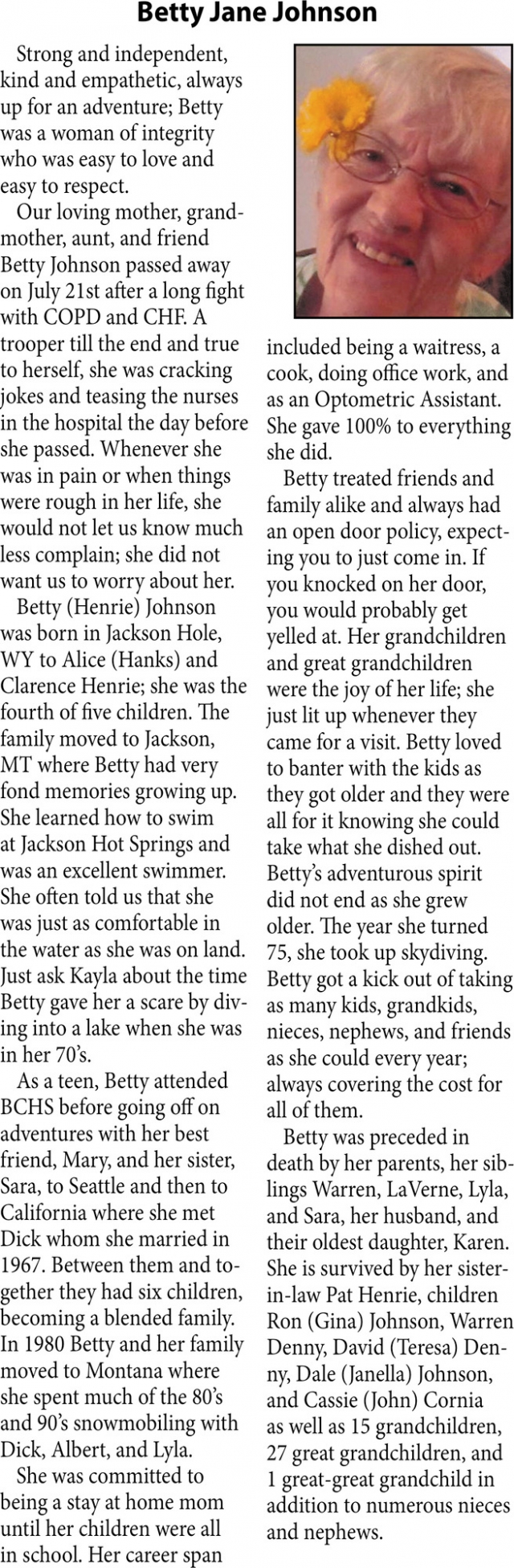 Betty Jane Johnson, Obituaries, Glendive, MT