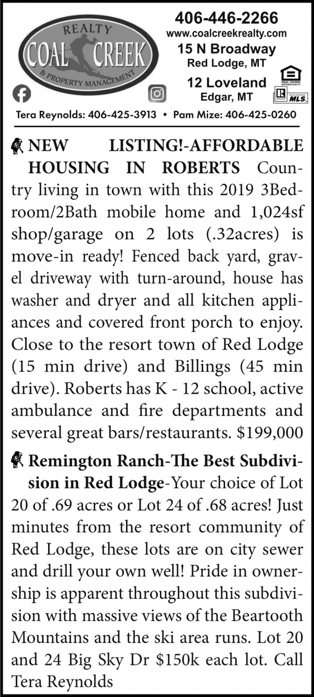 New Listing! Affordable Housing in Roberts, Coal Creek Realty & Property Management, Edgar, MT