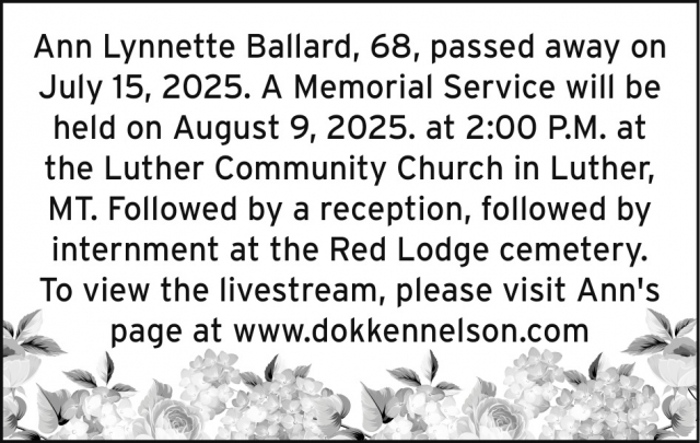 An Lynnette Ballard, Obituaries, Glendive, MT