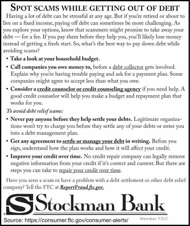 Spot Scams While Getting Out of Debt, Stockman Bank