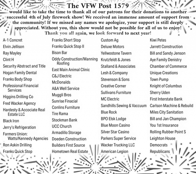 Thank All of Our Patrons, VFW Post 1579, Miles City, MT
